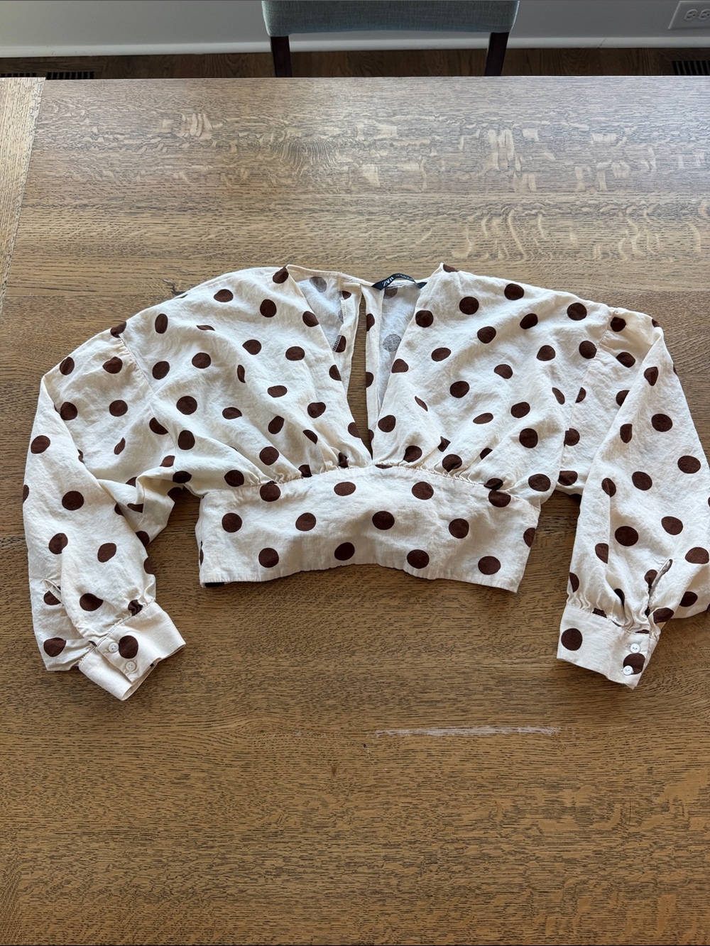 Zara Polka Dot Cropped V-Neck Long Sleeve Top - Cream with Brown Dots